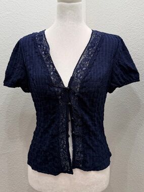 Women's Navy Lace-Trim Button-Down Top